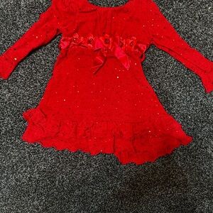 2T girls Red Long Sleeve Dress with Bow and Ruffle Detail